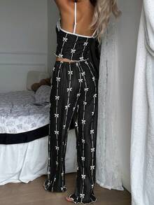 CottageSlumber Cartoon Bow Print Contrast Lace Design Comfortable Camisole & Pants Women Pajama Set - Black - View 2