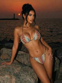 Swim SXY 春夏提花针织露背吊带比基尼上衣和丁字裤女士性感泳装套装，适合海滩度假 - 彩色 - 查看 2