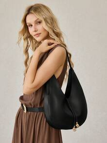 MOTF PREMIUM 女士极简主义软月牙形单肩包，适合通勤和购物 - 黑色 - 查看 6