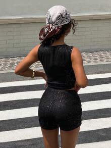 Muchica Shiny Sequin Women's Camisole & Shorts Set, Black - Black - View 2