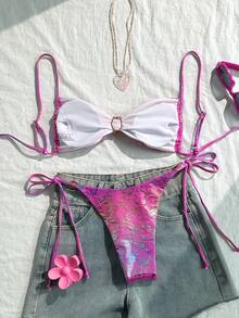 Swim Vcay Women's Summer Bikini Set With Spaghetti Strap Shell Decor Bra Top And Side Tie Swim Shorts - Pink - View 3
