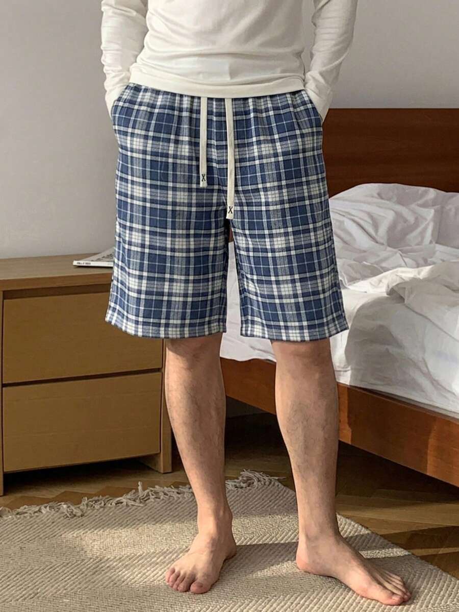 DAZY 男士格紋休閒短褲,多色,夏季居家休閒睡褲 - 藍白色 - 查看 1