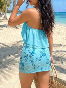 EgrlEra Women's Beach Vacation Halter Top & Sequin Skirt 2 Pieces Set, Romantic - Blue - View 2