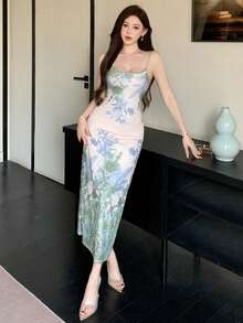 DAZY Đầm không tay in hoa thanh lịch dành cho nữ, thích hợp cho mùa hè. - Màu be - Xem 3