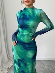 Selianne 女士新款秋冬立领长袖褶裥收腰网纱扎染水墨印花连衣裙长款女装 - 綠松石色 - 查看 4