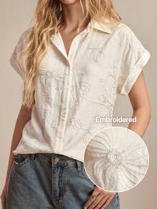 BizChic 春夏新款杏色领前襟纽扣肩部包袖袖口刺绣花卉图案基础休闲女衬衫，夏季度假风 - 杏色 - 查看 1