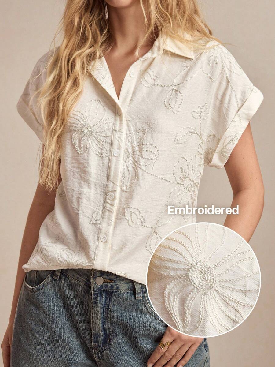 BizChic 春夏新款杏色领前襟纽扣肩部包袖袖口刺绣花卉图案基础休闲女衬衫，夏季度假风 - 杏色 - 查看 1