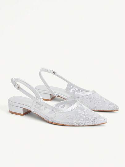 CUCCOO CHICEST Giày nữ mũi nhọn gót thô ren bạc, kiểu dáng gợi cảm, thanh lịch, thích hợp mặc hàng ngày, dự tiệc, dự tiệc, giày bệt quai hậu.