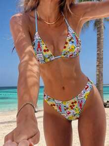 Swim Mod Women's 2026 Spring/Summer New Fruit & Shrimp Plaid Print Double Fabric V-Neck Backless Triangle Bikini Two Pieces Swimwear, Sweet Beach Vacation - Multicolor - View 1