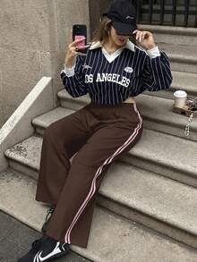 SHEIN EZwear Calça Casual com Listras Laterais Marrons Plus Size para Mulheres, Moda Minimalista, Uso Diário, Adequada para Formatura, Volta às Aulas, Traje de Professor - Castanho - Visão 7