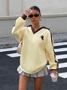 Muchica 女士秋冬季保暖内衬撞色缎带刺绣宽松高领卫衣，适合外出、街头风、Y2K风格 - 黃色 - 查看 6