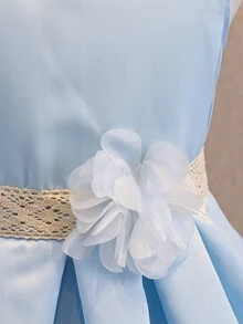 女童缎面连衣裙，杏色，高端童装，生日派对礼服，女童百褶裙 - 淺色水洗藍 - 查看 4