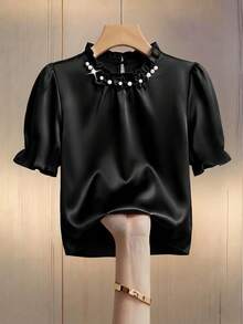 GlowEve CURVE Plus Size Women's Black Summer Elegant Dinner Shirt,Short-Sleeved French Temperament Workplace Light Sleeve Blouse Tops For Women - Black - View 1