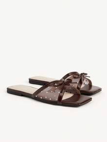 CUCCOO CHICEST Rhinestone Bow Simple Versatile Temperament Comfortable Fashion Generous Commuter Vacation Beach Flat Sandals Summer Shoes Wedding Shoes Bride Shoes - Coffee Brown - View 2