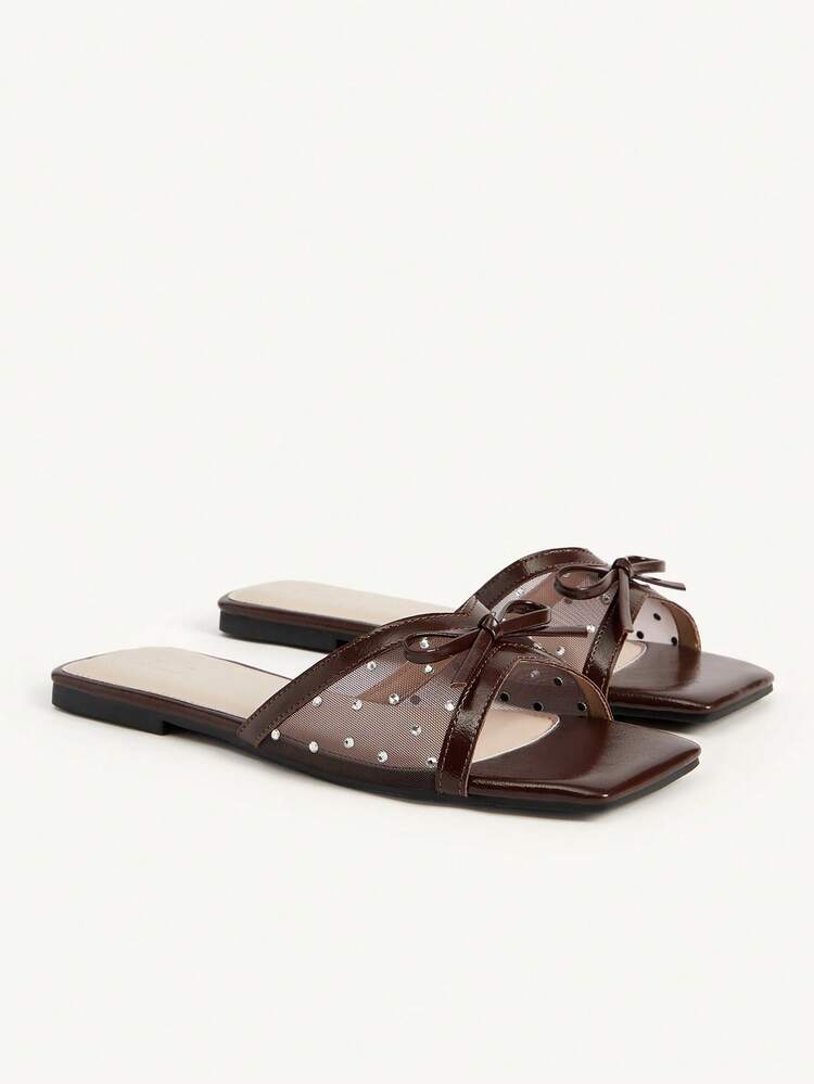 CUCCOO CHICEST Rhinestone Bow Simple Versatile Temperament Comfortable Fashion Generous Commuter Vacation Beach Flat Sandals Summer Shoes Wedding Shoes Bride Shoes