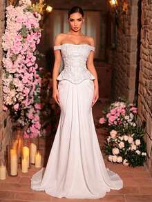 Glamrae 优雅奢华魅力露肩串珠手工贴花宫廷风美人鱼尾拖尾礼服，适合约会、婚礼、红毯、所有婚礼相关场合，女士新年婚纱 - 白色 - 查看 4