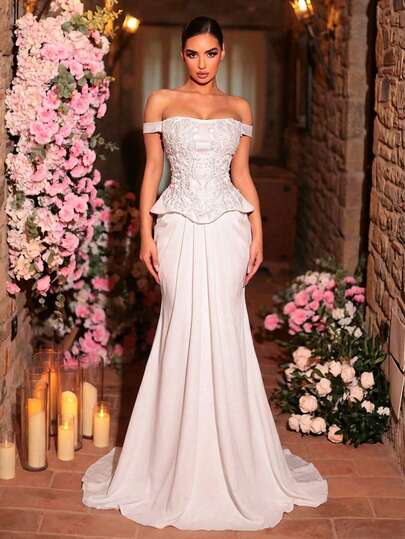 Glamrae Elegant Luxury Glamorous Off-Shoulder Beaded Handmade Applique Palace Style Mermaid Tail Train Dress, Suitable For Dates, Weddings, Red Carpet, All Wedding Events, Women's New Year Wedding Gown