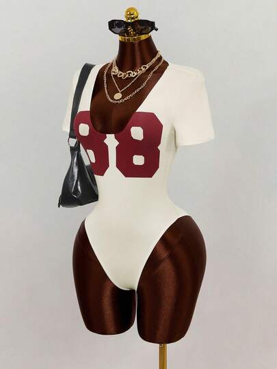 Mistrie Numeric Print Crew Neck Bodysuit, Fashionable Short Sleeve Football Outfit Women , Summer Outfits , Summer Tops , Summer Clothes, Summer Holiday Outfits  , Summer Outfits For Women , Summer Outfit For Women ,Spring  , Spring Outfit Women  , Spring Break Outfits  , Spring Clothing  , Spring Outfit  , Spring Clothes  Spring Women , Spring Clothes Women, Vacation Outfits Women, Holiday Outfits For Women, Summer Holiday Outfits , Vacation Outfits For Women  Vacation , Holiday, Holiday Outfits , Summ