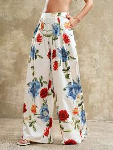 Arave Women's High Waist Wide Leg Pleated Floral Print Design Casual Commuter Pants - White - View 7