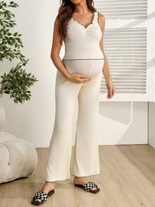SHEIN 2 pièces Ensemble Top de camisole décontracté de maternité et pantalon à taille ajustable - Beige - Voir 5