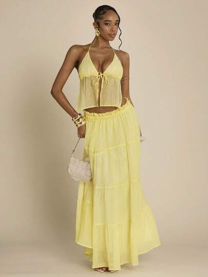 SHEIN BAE 两件套女士纯色黄色露背吊带上衣和低腰半裙，褶皱纹理沙滩度假套装，夏季黄色套装