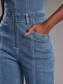 NYA SZN Denim Short Sleeve Jumpsuit Fitted Constrast Stitch Teacher Concert Cotton Summer Outfits For Women - Light Wash - View 5