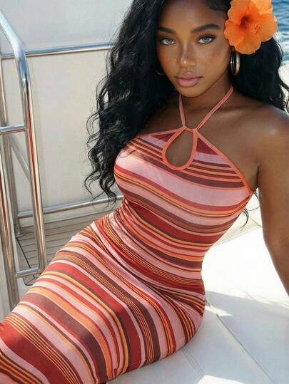 Slaydiva 2026 Spring/Summer New Elegant Casual Vacation Slim Fit Colorful Striped Cutout Tie-Waist Side Slit Women Long Dress.Suitable For Everyday Wear, Vacations, Travel, Dates, Wedding Season, Wedding Guest Attire, Beach, Western, Nomadic, Casual, Airport Wear, Brunch Wear, Back-To-School,Boho-A