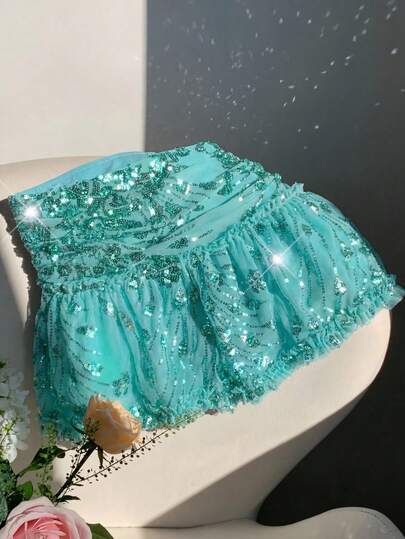 Comfortcana 2026 Spring/Summer New Women's Blue Shining Bead Ruffle Half Length Skirt,Winter,Easter,Party ,Beach,Wedding,Graduation,Elegant,Casual,Vacation,Sports, Formal,Y2k,Business,Sequin,Fringe,Ruffle,Flower,Graphic,