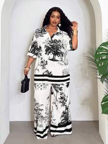 Veslaya 2026 Spring/Summer Plus Size Women's Music Festival, Easter, Western, Nomadic, Birthday Party, Graduation, College, Student, Daily Casual, Basic, Vacation, Cruise, Beach, Sunbathing, Viral, Streetwear, Wedding Guest, Commute, Brunch, Airport, Party, Holiday, Elegant Gala, Ball, Relaxed V-Neck Printed Short Sleeve Top And Wide Leg Pants 2-Piece Set - Multicolor - View 8