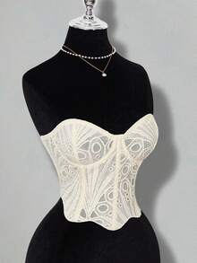 SHEIN ICON Women's Sexy Goth Lace Asymmetric Hem Fashionable Strapless Cropped Sexy Top,Summer,Summer Top - Apricot - View 11