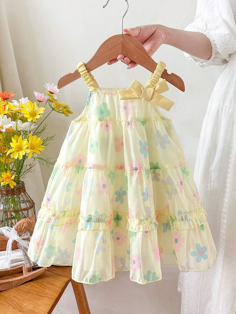 SHEIN Baby Girl Cute Bow Strap Dress, Summer - Multicolor - View 1