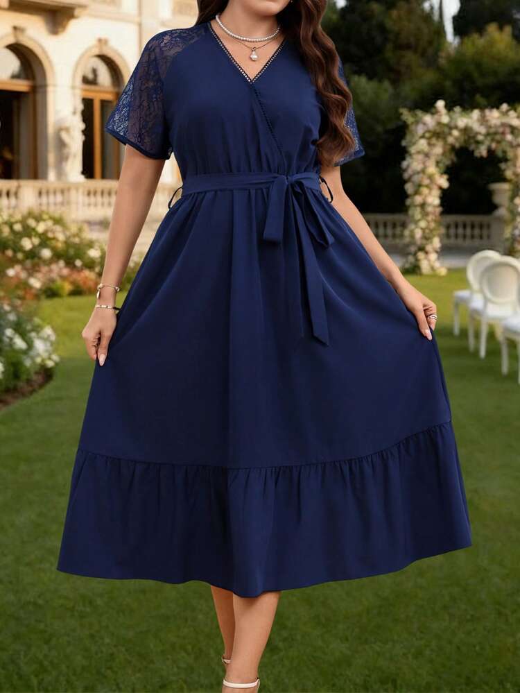 Lace Patchwork Waist Cinched Short Sleeve Plus Size Elegant Dress For Women