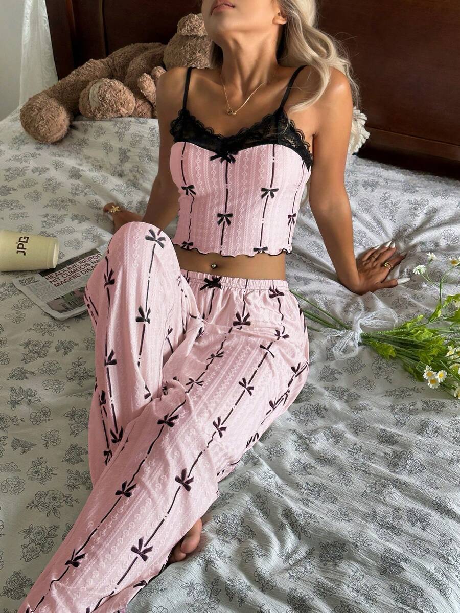CottageSlumber Cartoon Bow Print Contrast Lace Design Comfortable Camisole & Pants Women Pajama Set - Pink - View 1