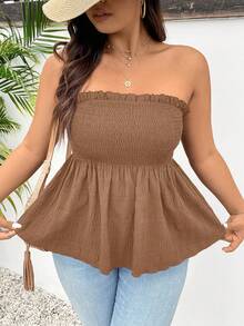 SHEIN Frenchy Canotta plissettata di colore unito, versatile per uso quotidiano, taglie comode per donne di taglia curvy - Castano - Visualizzare 4
