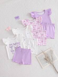 SHEIN 8件套女婴0-3岁春夏休闲日常穿着及外出可爱芭蕾舞女童无袖T恤和短裤套装 - 淡紫色 - 查看 7
