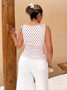 Maria Perezxox Women's Elegant French Style Polka Dot Shoulder Tie Bow Waist Drawstring Sleeveless Top, Slimming Casual Versatile For Daily Wear And Commute, Spring/Summer - Pink - View 2