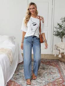 EMERY ROSE Plus Size Women Autumn/Winter Floral Embroidered Washed Slant Pocket Jeans - Blue - View 6