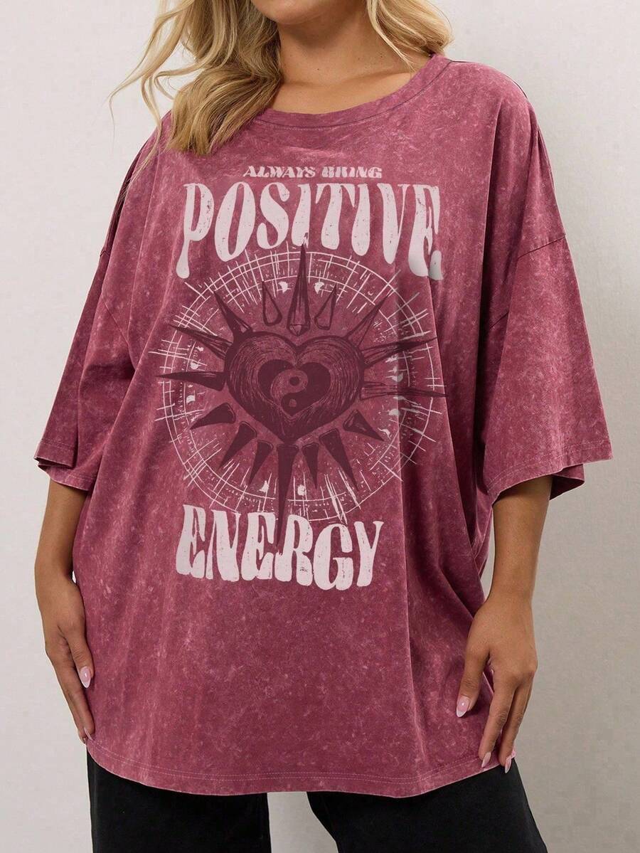 EMERY ROSE Plus Size Women Heart Pattern Print Casual Loose Mid-Length Short Sleeve Round Neck T-Shirt - Dusty Pink - View 1
