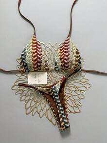 Swim SXY Bộ bikini hai mảnh bằng vải dệt họa tiết, kiểu yếm cổ, kèm mặt dây chuyền vàng, đồ bơi gợi cảm cho nữ mùa hè đi biển. - Nhiều màu - Xem 1