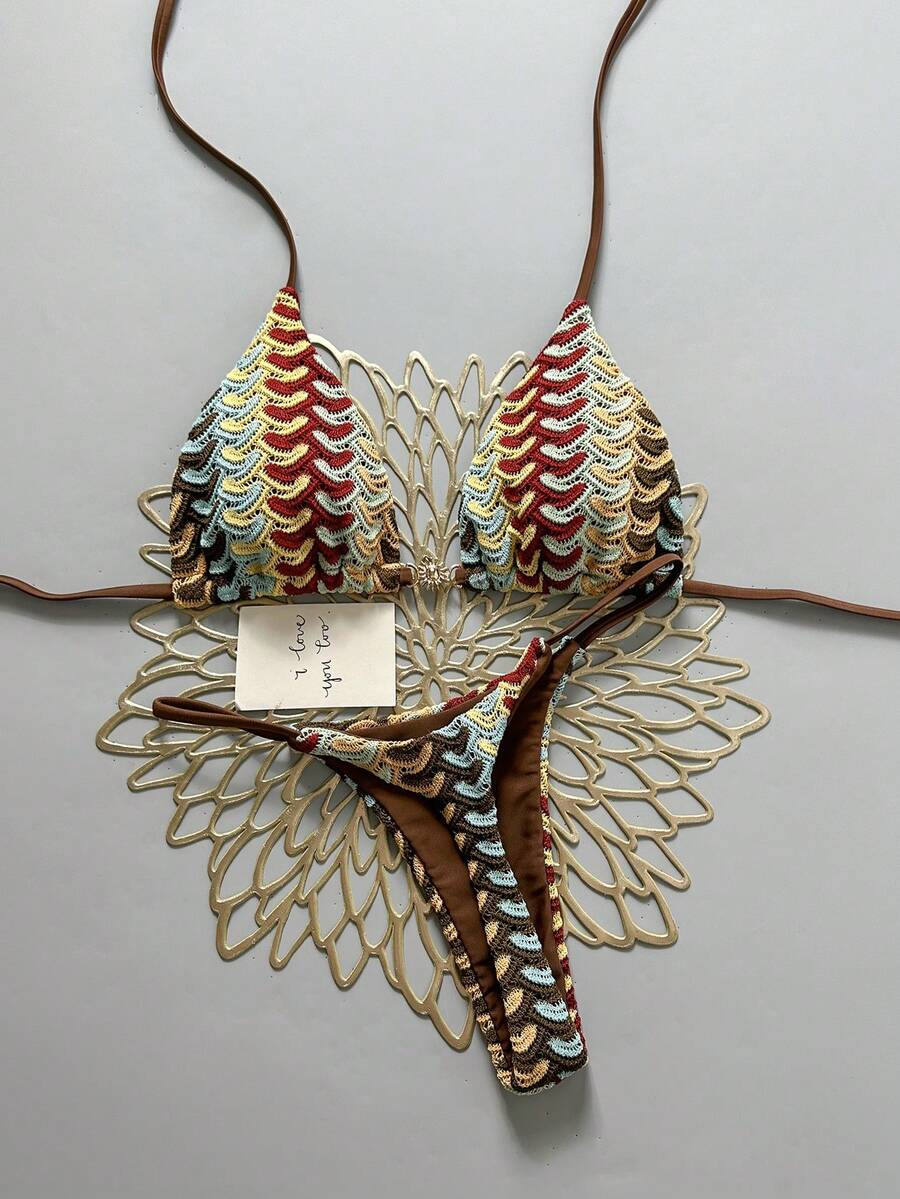 Swim SXY Bộ bikini hai mảnh bằng vải dệt họa tiết, kiểu yếm cổ, kèm mặt dây chuyền vàng, đồ bơi gợi cảm cho nữ mùa hè đi biển. - Nhiều màu - Xem 1