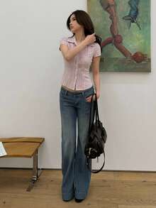 DAZY Solid Color Collared Fitted Short Sleeve White Blouse For Women Summer - Pink - View 4