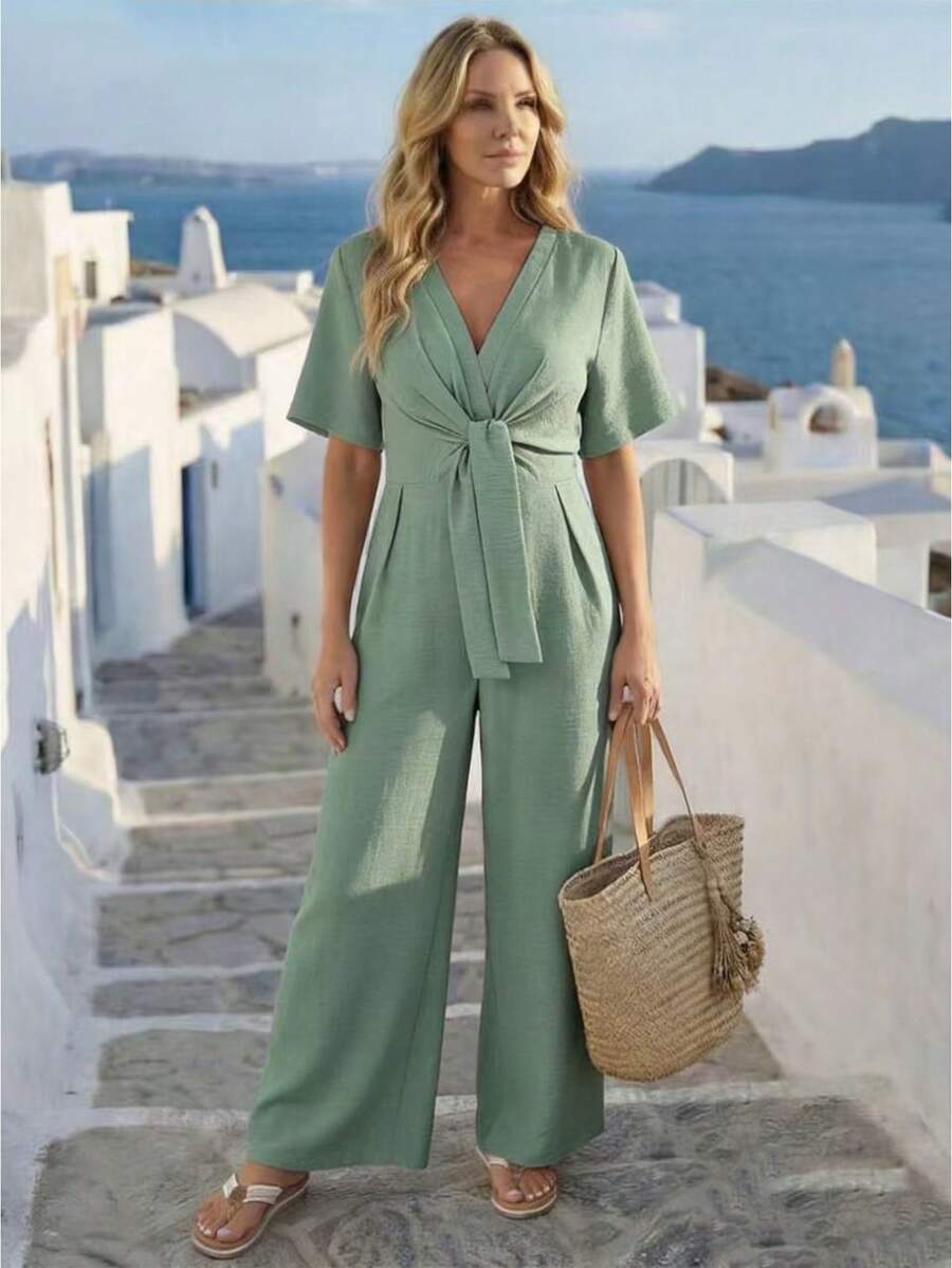 SHEIN Clasi Bộ đồ liền thân thắt eo cổ chữ V màu trơn thời trang cỡ lớn cổ điển thường ngày - màu xanh lá - Xem 1