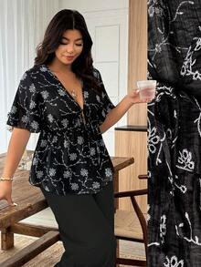 Ceyna Damen-Bluse in großen Größen, schwarz-weiß, französischer Lässigstil, Jacquard, Kurzarm, Sommer, Boho, elegant, Urlaubs-Look, modernes Oberteil - Schwarz - Übersicht 1