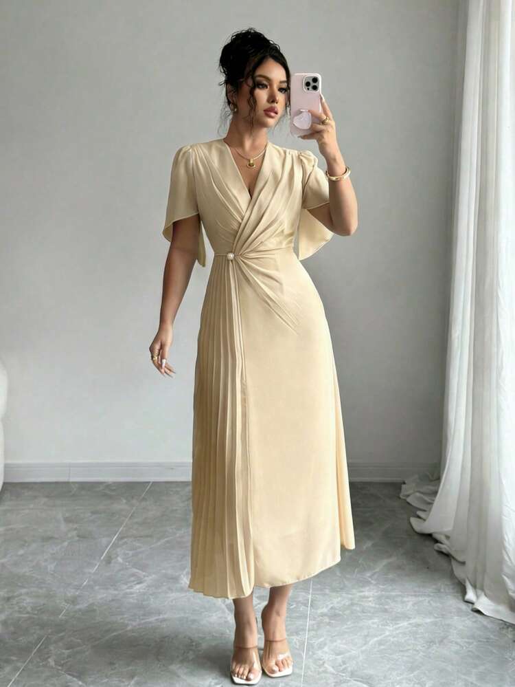 本日限定価格Pleated Chiffon RibbonMidiDress Rafferiza Solid Color Chiffon Cinched Waist Elegant Pleated Dress
