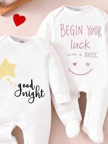 SHEIN 2-Pack Newborn Pajamas&Loungewear Set,Cute White Star-Moon Print Good Night Slogan Soft Fabric,Autumn Spring&Summer Lounge Pajamas For Infant - Multicolor - View 5