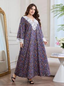 Al Najma Vestido maxi holgado de manga larga con cuello en V, con volantes y estampado floral en toda la prenda, para mujeres de talla grande, para primavera/otoño - Multicolor - Ver 5