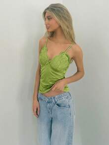 Sydney Algeri Solid Color Lace Patchwork Pleated Camisole Top - Mint Green - View 6