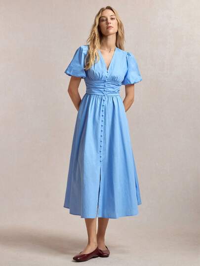 BizChic 夏季新款蓝色褶皱连衣裙，饰有蘑菇纽扣，泡泡袖，腰部褶裥，适合多种场合。