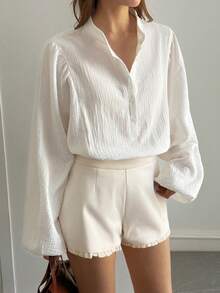 DAZY Women's Stand Collar Half-Placket Loose Lantern Sleeve Shirt - White - View 6