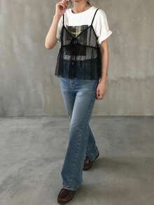 FRIFUL 女士系带网纱修身吊带背心，正面系带褶皱下摆，夏季 - 黑色 - 查看 4